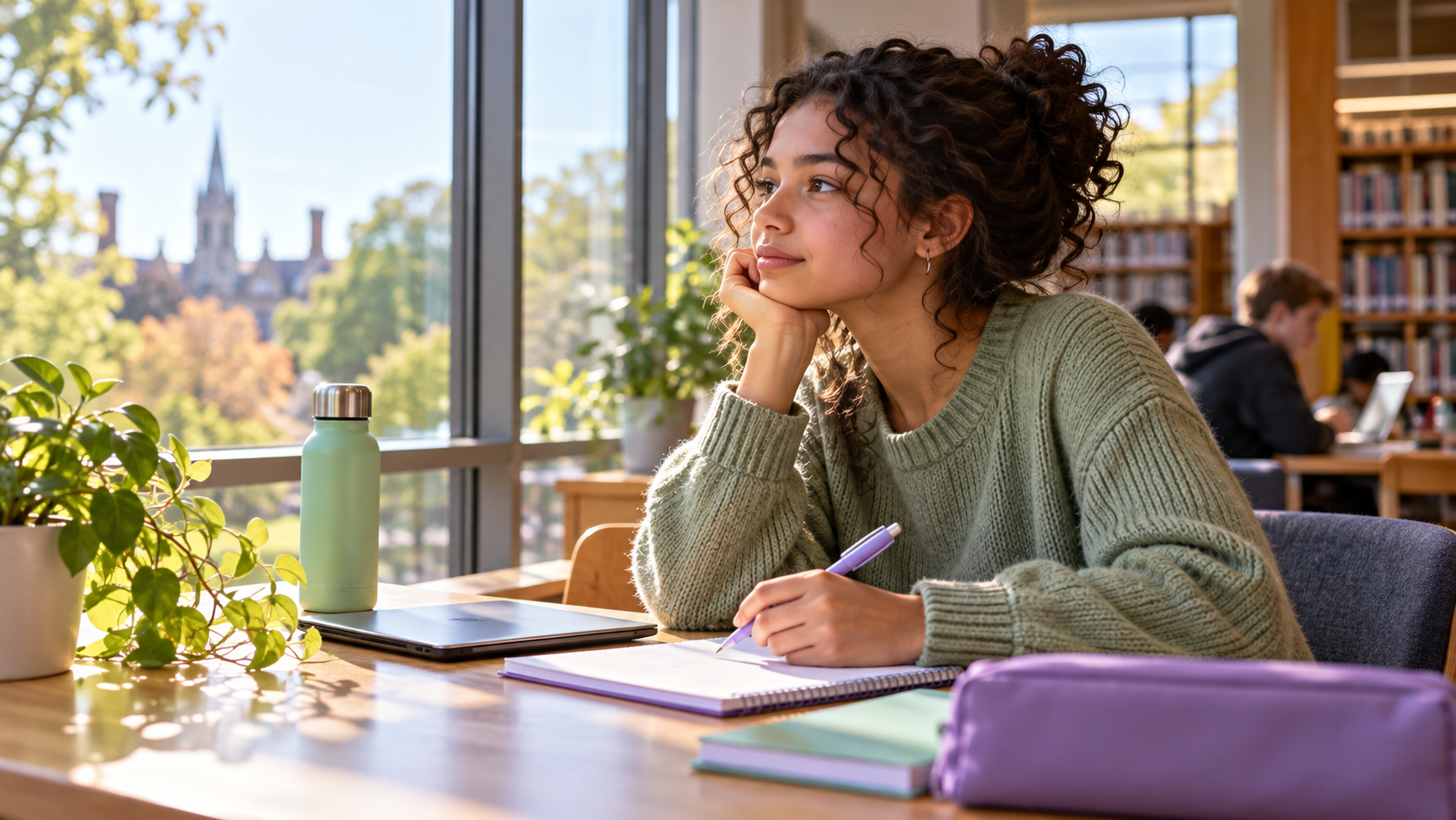 Illustrative scene of a teenager reflecting beside a notebook and a closed tablet