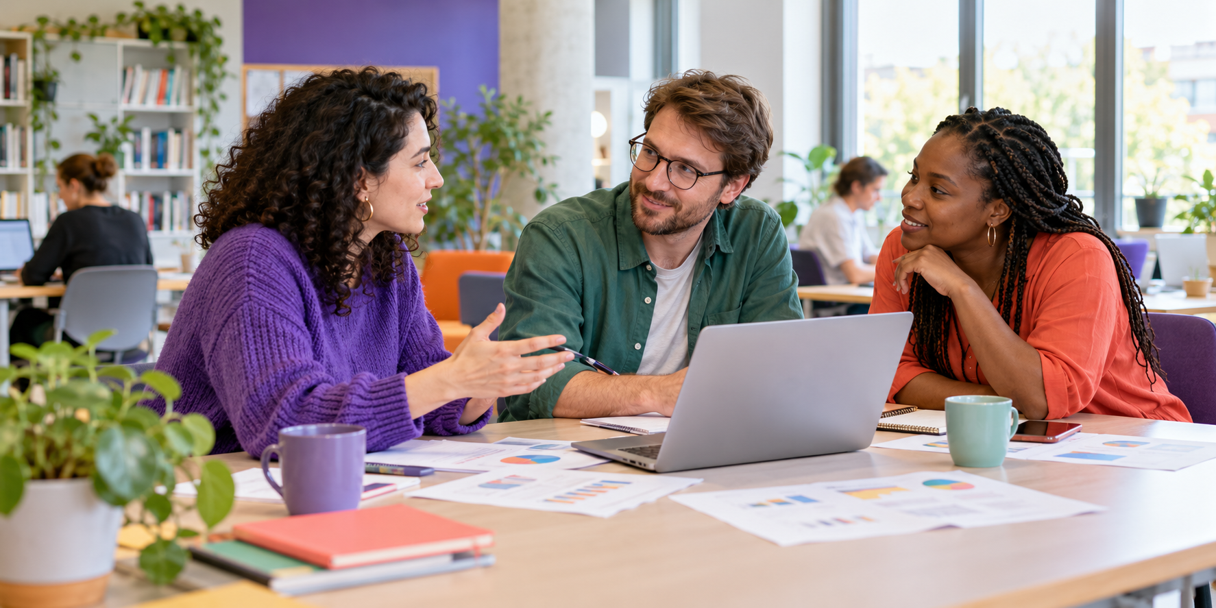 Illustrative scene of education researchers discussing evidence together