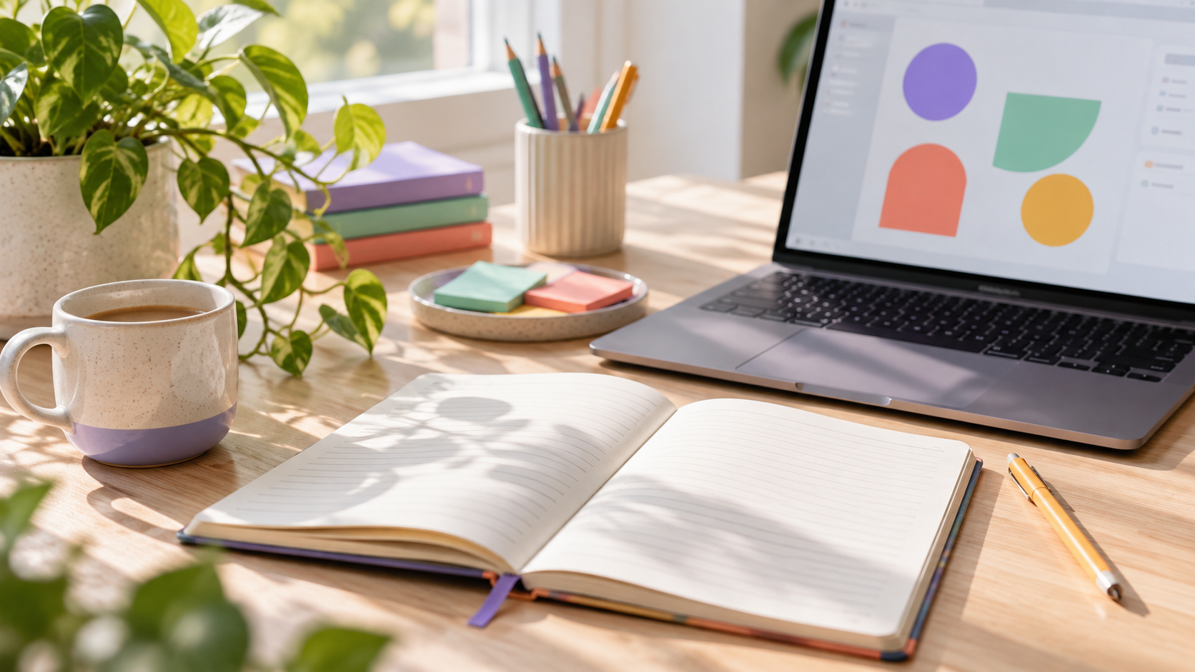 Illustrative learning workspace with a notebook, laptop and stationery
